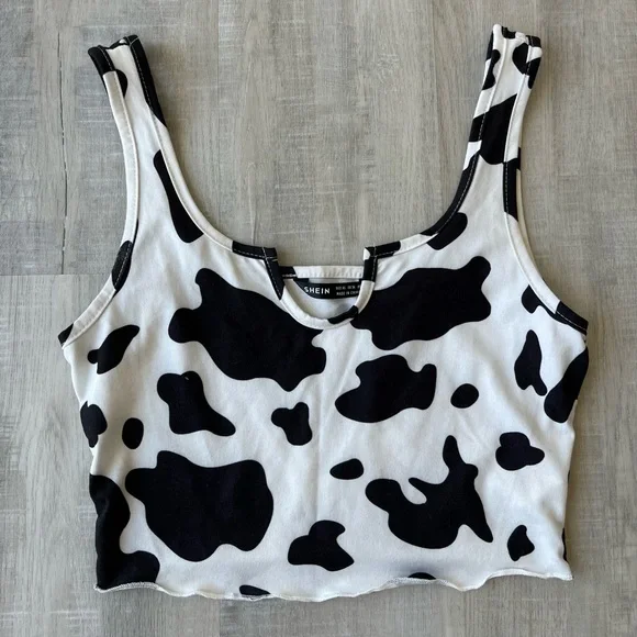 SHEIN White & Black Cow Print Crop Tank Top w/Lettuce Edge Scoop Notch Neck XS - Picture 1 of 5